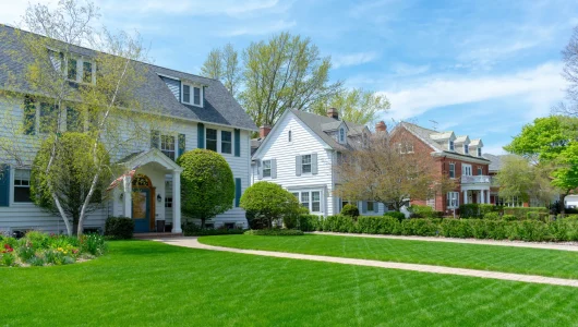 suburban home with lush green front lawn